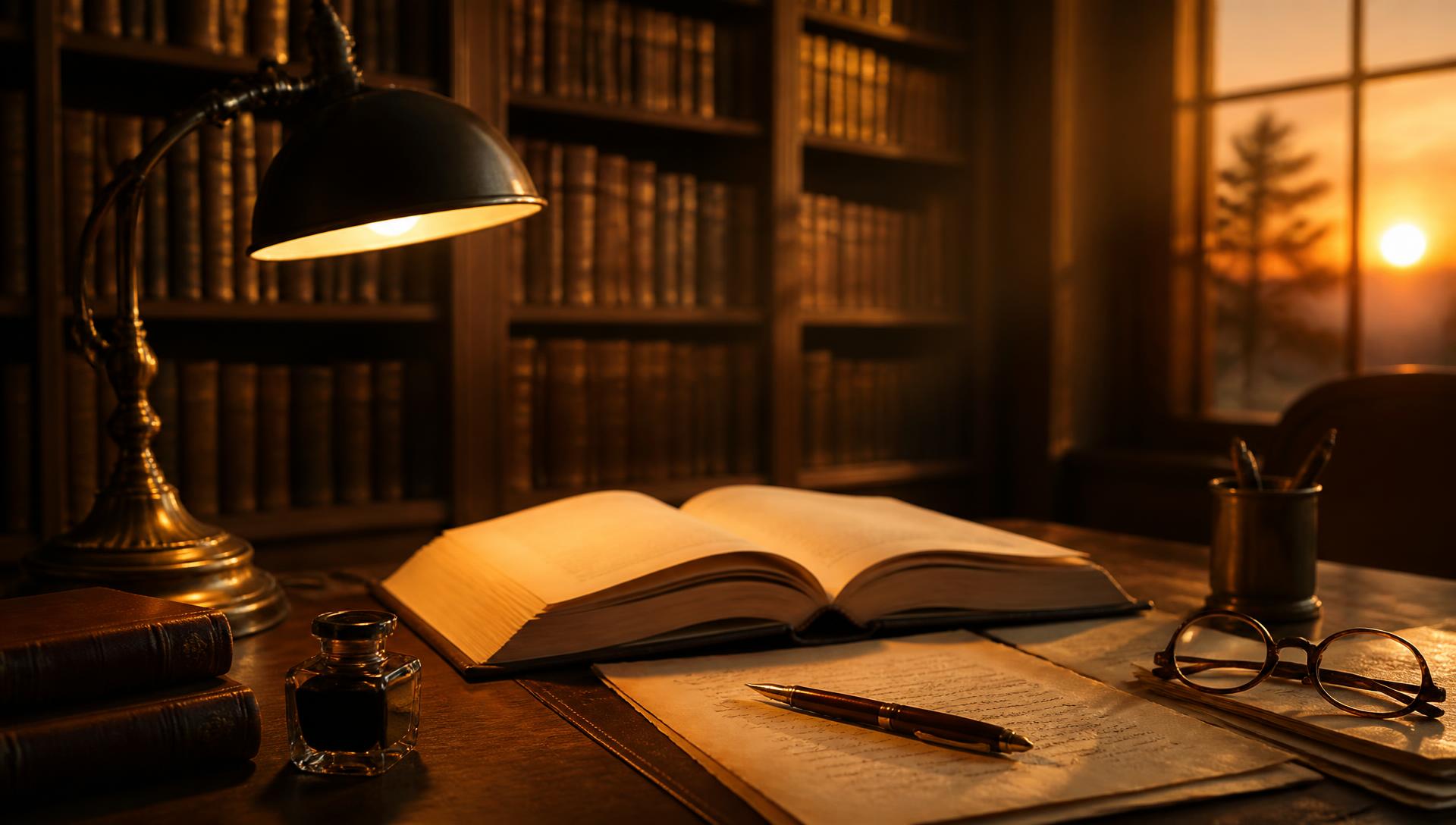 An elegant author's publishing desk at golden hour with an open book, manuscript pages, and warm amber lamplight